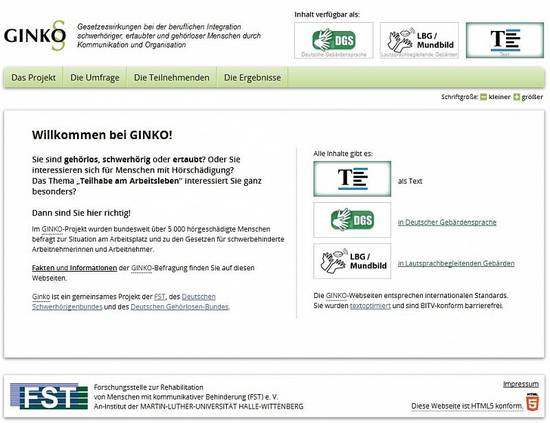 Screenshot der GINKO-Webseite